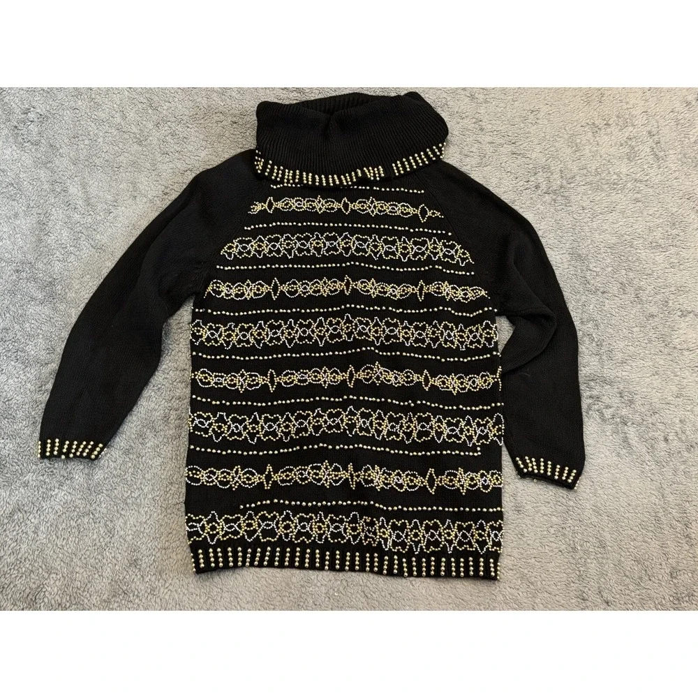 VTG Victoria Harbour Sweater Womens Medium Black Beaded Cowl Neck Embellished